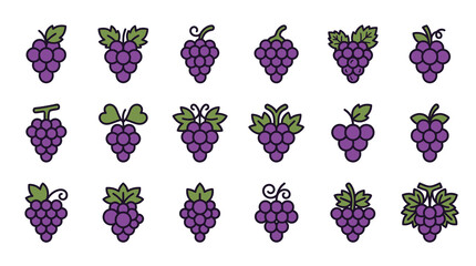 Obraz premium Purple grape cluster line art icons set