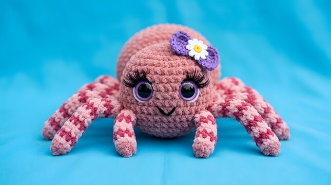 Cute pink crochet spider toy with flower bow on bright blue background