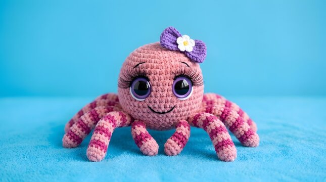 Cute pink crochet spider toy with flower bow on bright blue background