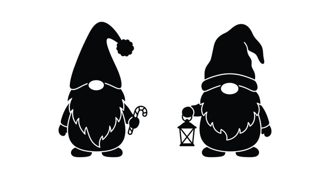Two gnome silhouettes with traditional hats and beards against a white background silhouette gnomes dwarf dwarves