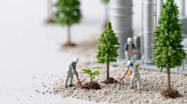 Miniature people diligently planting tiny trees and saplings around industrial structures, symbolizing environmental conservation and green initiative
