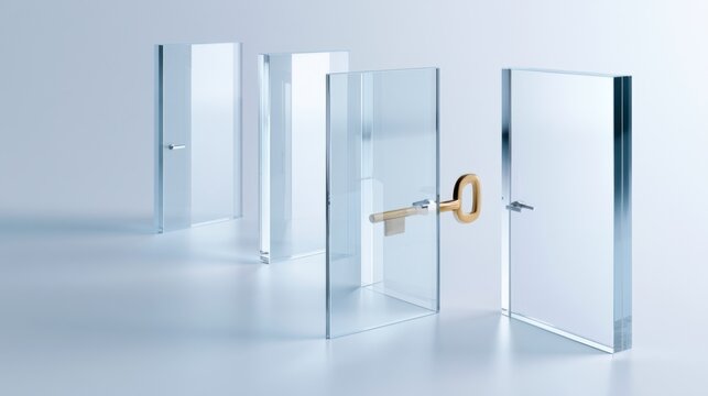 A line of clear glass doors with a golden key in one door, representing opportunity and access