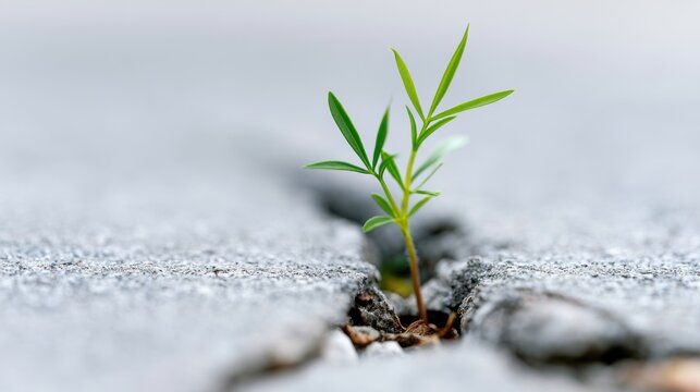 A small sprout is pushing through a crack in the concrete, symbolizing resilience and new beginnings
