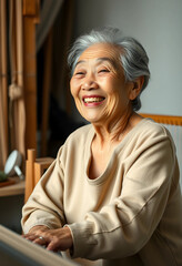 Fototapeta premium Joyful elderly Asian woman smiling indoors