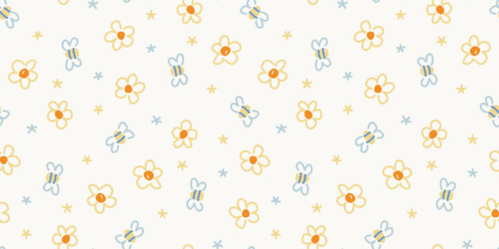 Seamless background pattern with hand drawn cute bees and yellow daisy flowers on cream

