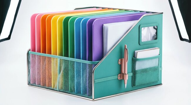 Vibrant Rainbow Desktop File Organizer with Colorful Accordion Dividers and Teal Leather Document Holder with Pen Attachment