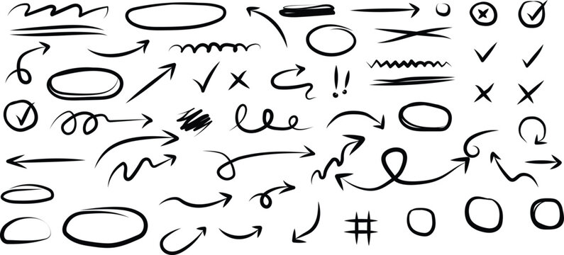 Hand Drawn Arrow Brush Icon Graphic Collection for Modern Creative Symbols. Collection of Hand Drawn Arrow Brush Symbols for Infographics and Presentations 
