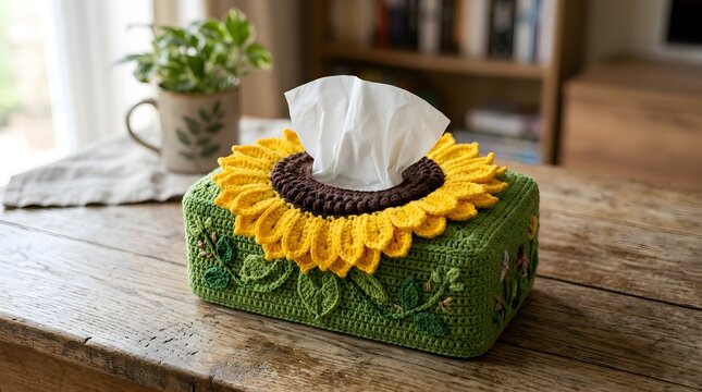 Sunflower tissue box cover on rustic table in cozy home interior with decor