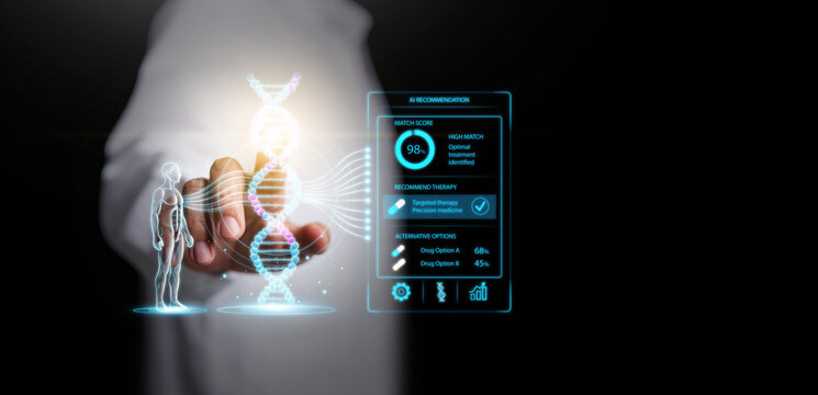 AI powered personalized medicine concept with DNA analysis, genomic profiling, and intelligent treatment recommendations for precision healthcare, genetic therapy, future clinical decision support.