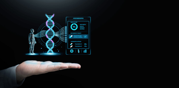 AI powered personalized medicine concept with doctor hand and DNA on dark copy space. Digital patient model, genomic analysis, and intelligent treatment for precision healthcare and future medicine.