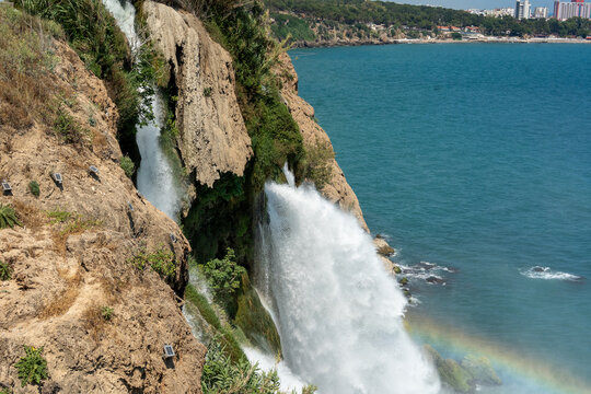 Scenic view of Lower Duden Waterfall dropping from cliff in Antalya Turkey