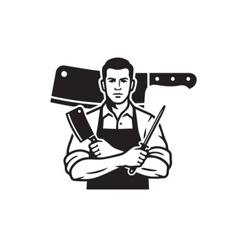 Butcher professional mascot logo design with cleaver and honing steel.