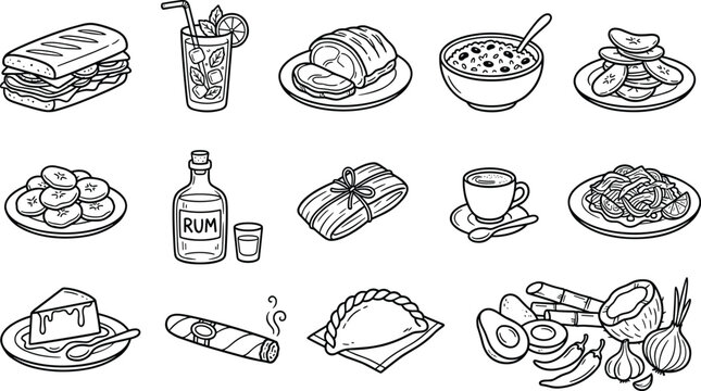 Blue Sketch Line Art Cuban Food Icon Set with Sandwich Mojito Tamale Rum and Traditional Caribbean Cuisine Elements for Restaurant Menu Designs
