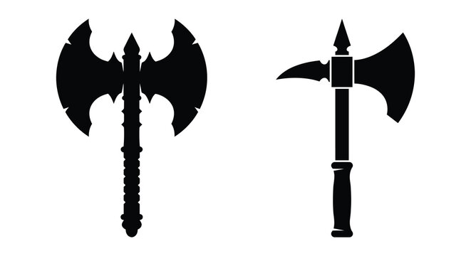 Two medieval battle axes in black silhouette against a white background silhouette axe weapon historical warfare
