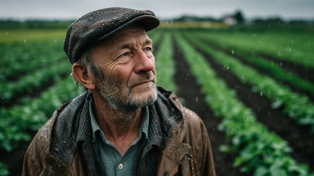 Elderly farmer standing in a cultivated field amidst falling raindrops, reflecting on the harvest and the impact of weather on agricultural livelihood
