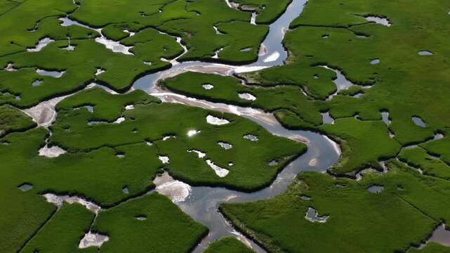 Narrow channels meander through a beautiful salt marsh in Pleasant Bay, Cape Cod. Marshes provide critical habitat for many birds, fish, and marine invertebrates to feed, mate, and nest.