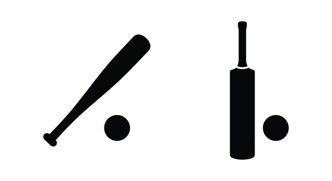Baseball bat and ball alongside a cricket bat and ball silhouette bats balls sporting equipment sports