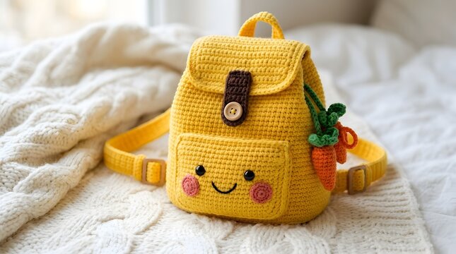 Cute yellow crochet backpack with smiley face on bed, handmade kids accessory