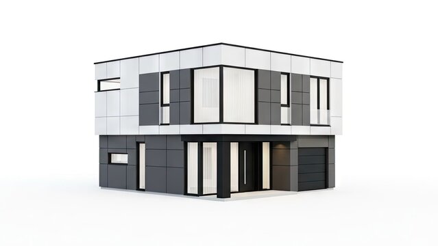 Modern modular house architectural rendering on white background.