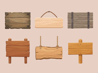 Fototapeta premium Wooden sign board set. Rustic timber planks for signage and directional information.
