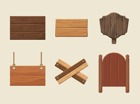 Set of wooden signs and banners. Rustic timber boards for signage and directional labels.