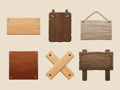 Set of wooden sign boards. Rustic timber placards for signage and directional information.