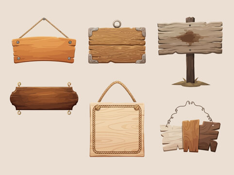 Wooden sign board collection. Rustic hanging planks and vintage timber direction markers.