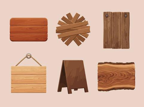 Set of wooden signs and banners. Rustic timber boards for store menu and advertising.
