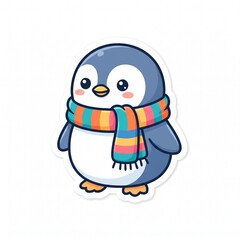 Fototapeta premium Cute cartoon penguin with colorful scarf standing against white background