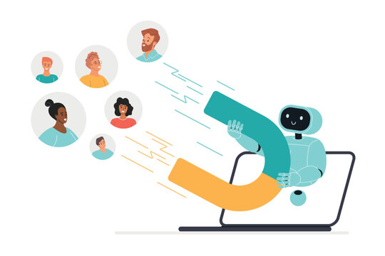 Cute AI robot emerges from laptop holding magnet, attracting diverse online customer avatars, concept for digital marketing, lead generation and customer acquisition isolatedvector illustration