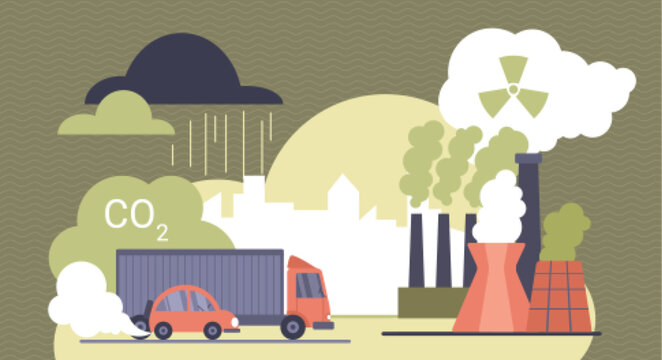Industrial air pollution scene with factories, truck exhaust, CO2 emissions and radioactive smoke over city skyline, highlighting environmental damage and climate change vector illustration