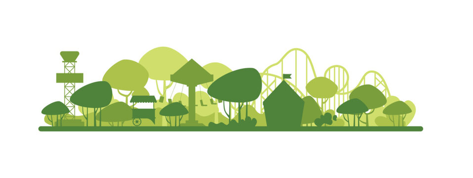 Flat green amusement park landscape with trees, roller coaster and buildings in simple silhouette style, eco friendly theme, isolated on white background vector illustration