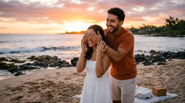 Happy couple playing guess who game on beach at sunset during vacation