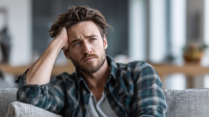 Obraz premium Young attractive man experiencing stress and worry, showing a pensive expression with hand on head, contemplating life problems and mental challenges at home
