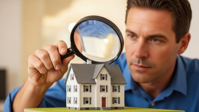 Professional man examining architectural model house with magnifying glass.