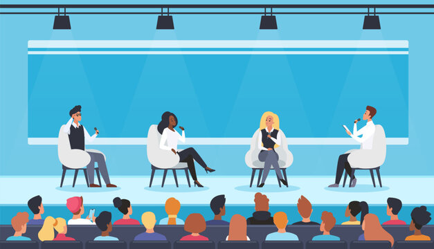 Business conference panel with diverse speakers and audience in modern auditorium, people talking on stage with microphones during corporate seminar or workshop, conference vector illustration