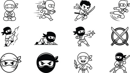 Fototapeta premium Chibi Ninja Character Line Art Icon Set with Cute Action Poses Weapons and Avatar Faces for Children Mobile Game Graphic Templates