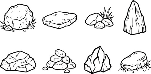 Collection of eight hand drawn stone and rock featuring various shapes, sizes, and textures with grass details on a white background © Sifat