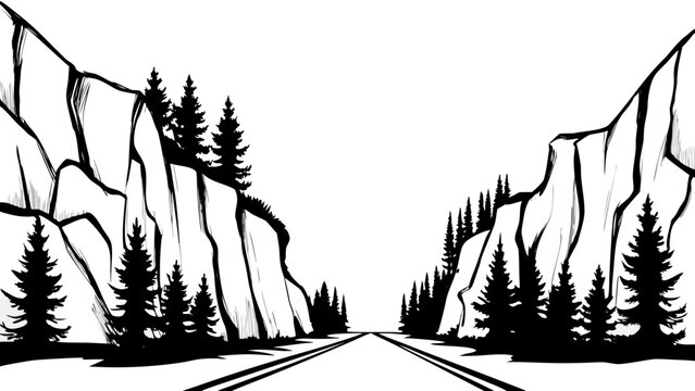 Black and white vector illustration of a road winding through rocky mountain cliffs and pine trees