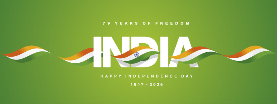 79 years of freedom India anniversary banner with India logo label lettering wrapped with orange white green ribbon on green backgroundd