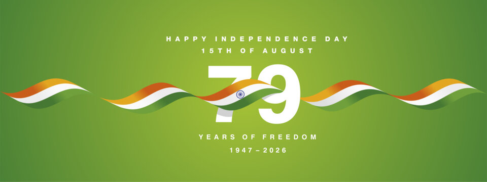 Happy Independence Day 79 years of freedom India anniversary banner with 79 logo label number wrapped with orange white green ribbon on green backgroundd
