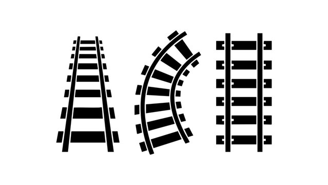 Set of Black Railway Track Icons with Straight Curved Paths