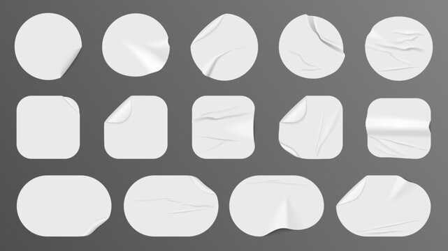 Realistic wrinkled round and square paper stickers mockup with curled corners, blank adhesive labels collection for branding, sale price tags, packaging design on gray background vector illustration