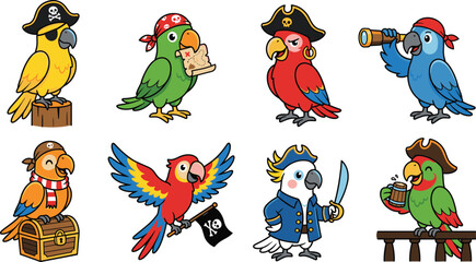 Set of eight cartoon pirate parrots wearing hats and bandanas with treasure chests and telescopes