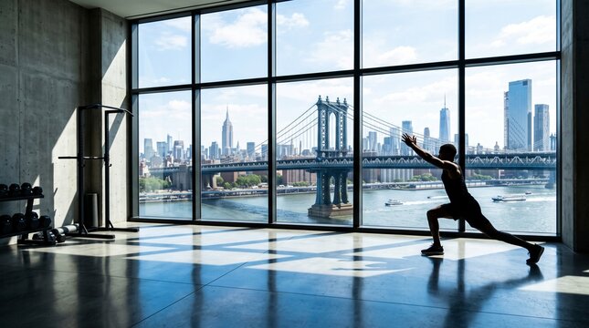 Woman Stretching in Luxury Gym with Manhattan Skyline View