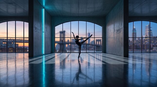 Ballet Dancer in Modern Loft Overlooking City Skyline