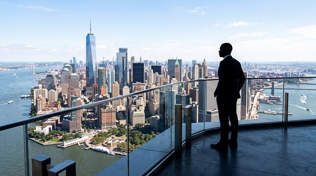 Businessman Overlooking Manhattan Skyline from High-Rise Observation Deck