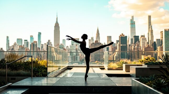 Ballet Dancer in Arabesque Pose Against NYC Skyline