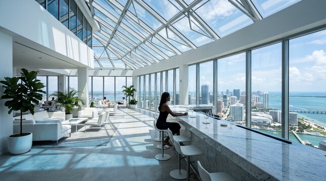 Woman at Modern Rooftop Bar Overlooking Cityscape