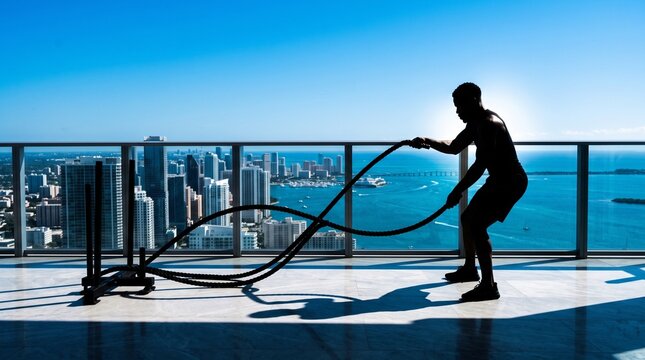 Man Using Battle Ropes on High-Rise Rooftop with City View